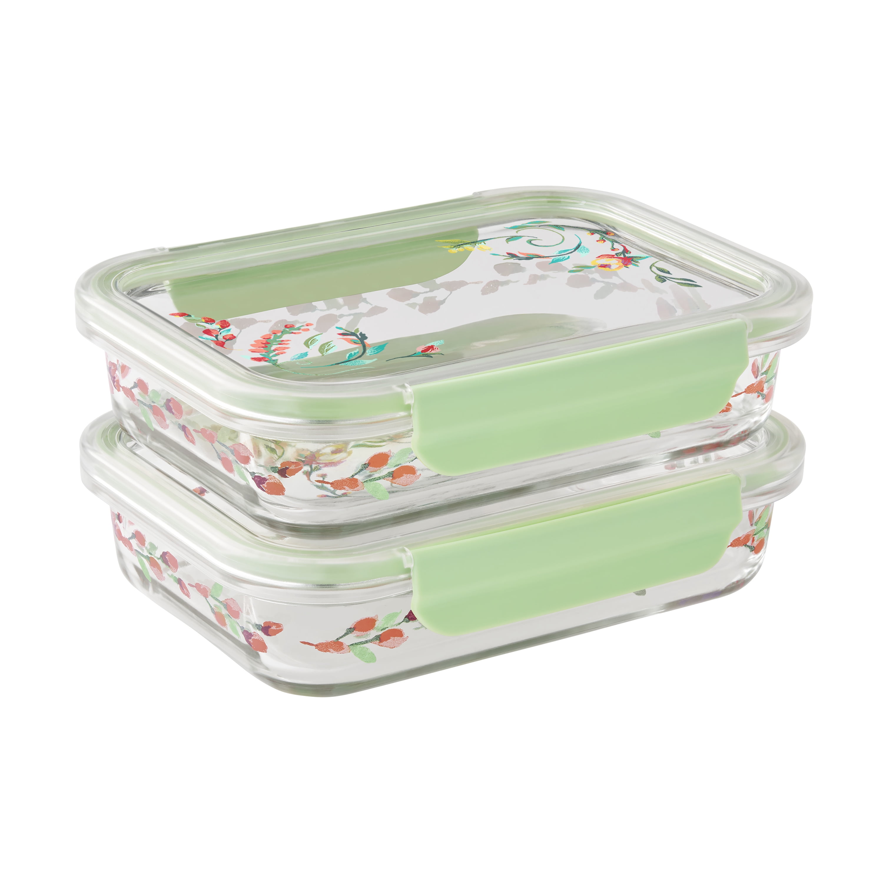 (2 pack) The Pioneer Woman Painted Meadow 2.3 Cup Rectangle Glass Food Storage Containers with Tritan Lid. Set of 2, 4 Pieces