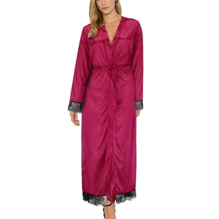 

TANGNADE Women Sexy Long Silk Kimono Dressing Gown Bath Robe Babydoll Lingerie Nightdress Wine + S