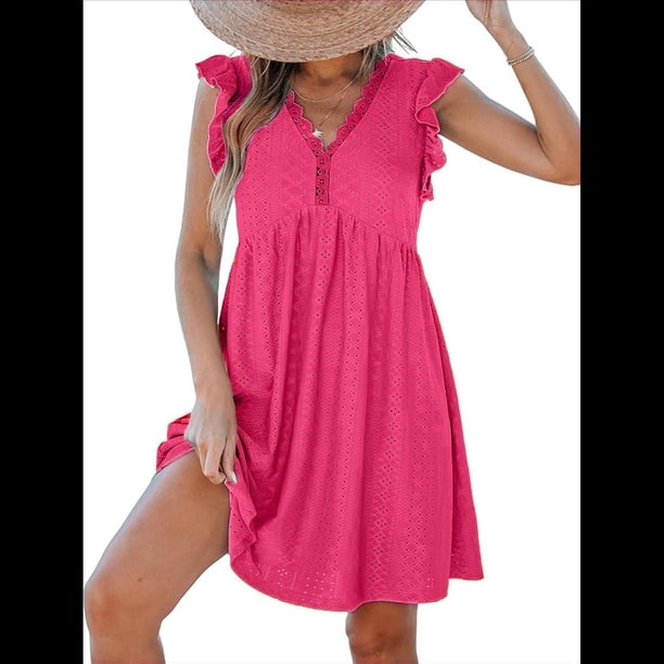 Vestido Tipo Cárdigan de Corta con Cuello en V y Ribete de Encaje, Color Rojo Rosa M