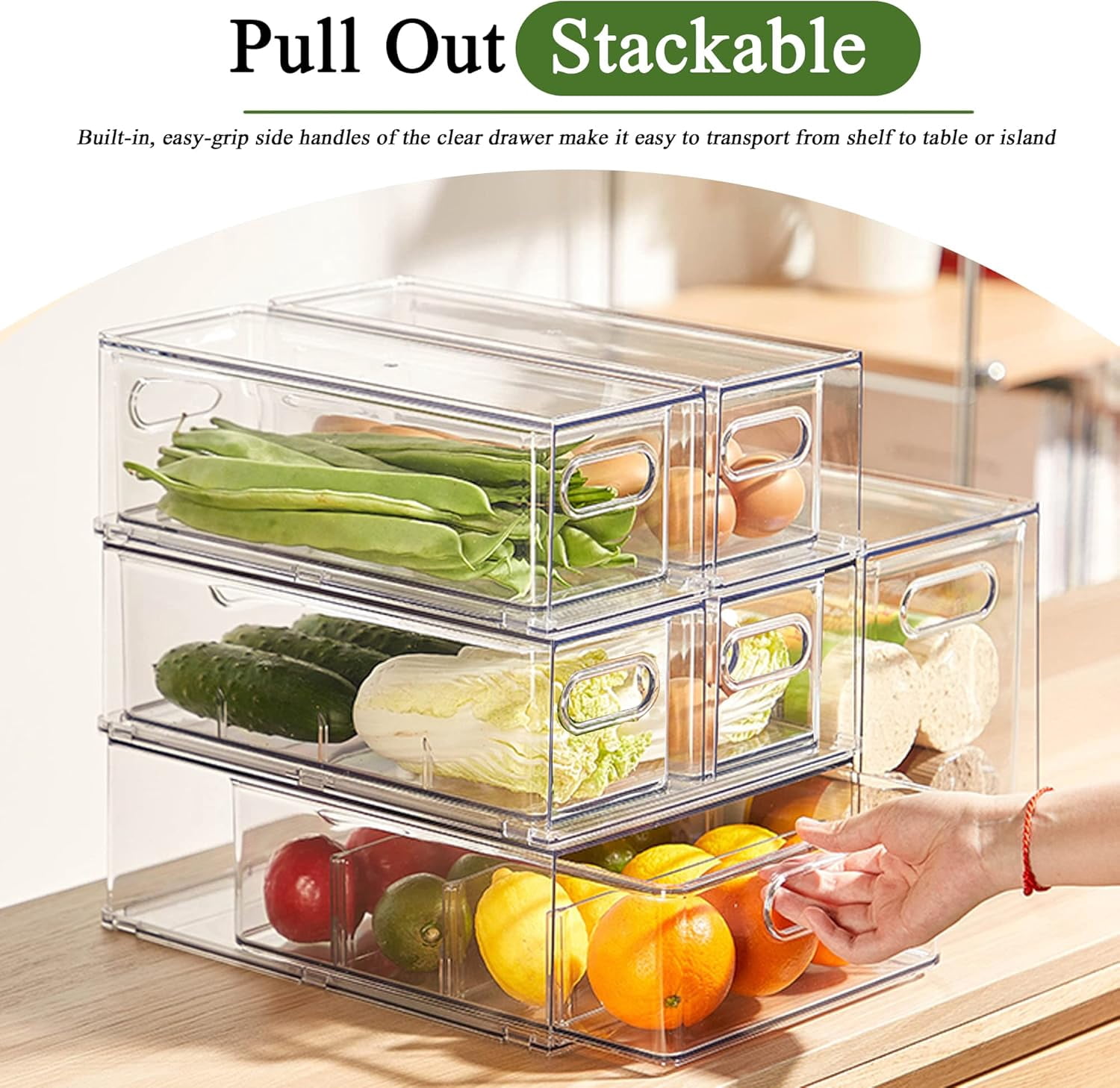 2 Pack Fridge Organizers and Storage with Pull out Drawer, Stackable Storage Drawer, Clear Refrigerator Organizers,  for Kitchen Cabinet Pantry,3.14QT