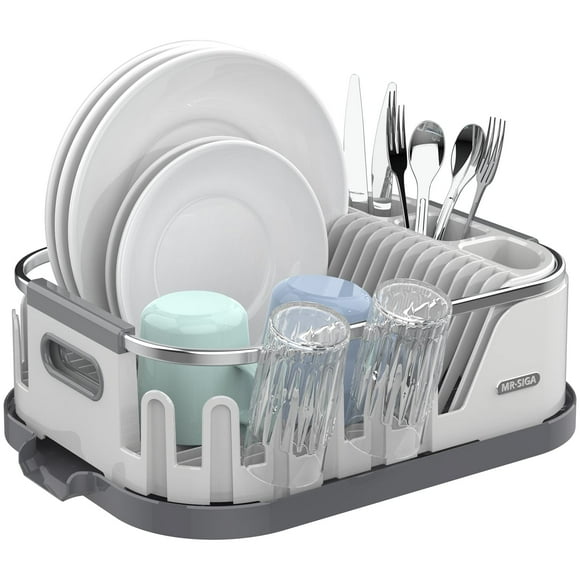 MR.SIGA Dish Drying Rack for Kitchen Counter, Compact Dish Drainer with Drainboard, Utensil Holder and Cup Rack, Plastic Kitchen Drying Rack for Dishes, Cups, Knives, Spo