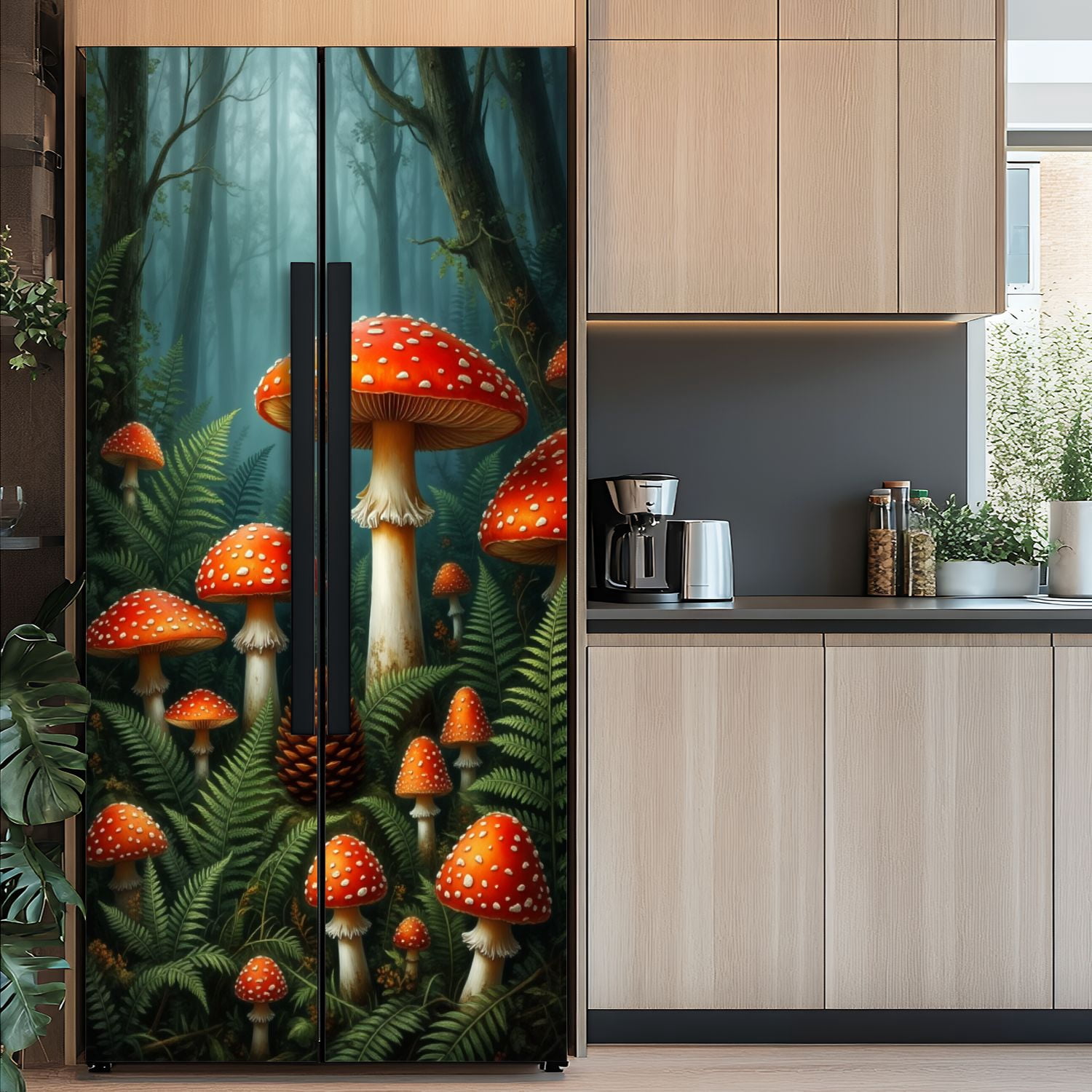 Self Adhesive Vinyl Refrigerator Wrap Set Mushrooms Forest Ferns Pinecone Mystical Fantasy Botanical Door Mural Removable Fridge Sticker Peel and Stick&nbsp;Full Door Cover Decal Kitchen Bar Decor