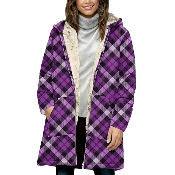 Kilaqueen Winter Jackets for Women Plaid Long Sleeve Zip Up Fleece Lined Hooded Jackets with Pockets Winter Warm Casual Trendy Coat