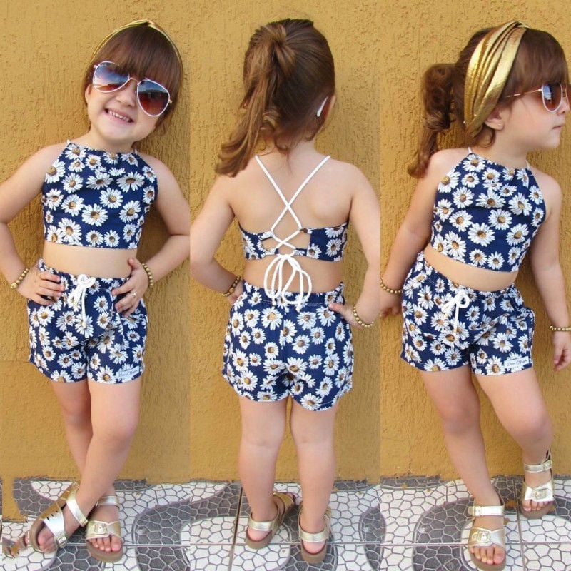 2Piece Toddler Baby Girls Outfits Set,Sleeveless Floral Print Strap Vest Tanks T-Shirt Shorts for Summer 
