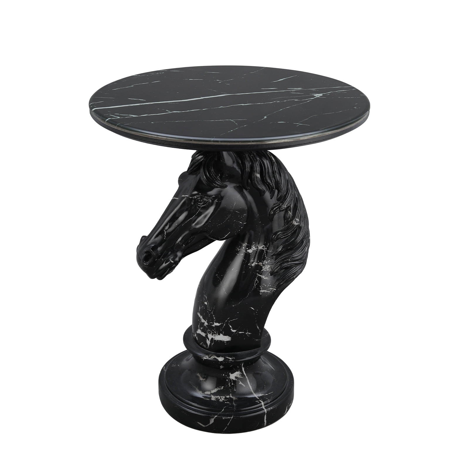 Horse Head Accent Table, Animal Statue End Table with Faux Marble Top, Resin Sculpture Side Table for Living Room, Office, Equestrian Themed Decor, Black