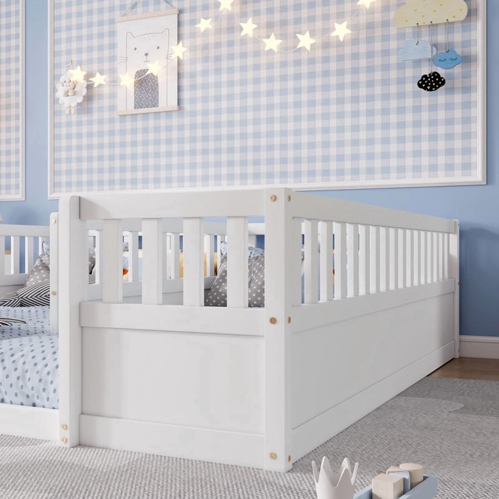 Twin Size Horizontal Floor Bunk Bed Frame with Semi-Enclosed Safety Guardrails, Wood Low Profile Kids Bed with Open Entrance