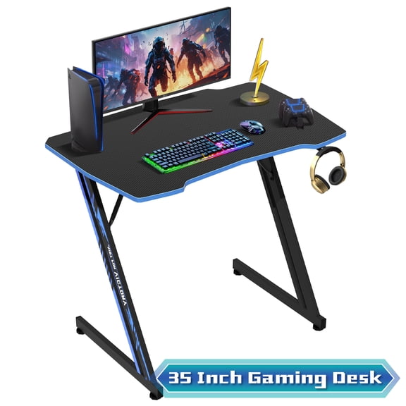 35"L Gaming Desk Z-Shaped Carbon Fiber Surface PC Gamer Table with  Headphone Hook, Computer Desk Gamer Desk Office Desk for Adults&Teen （Blue）