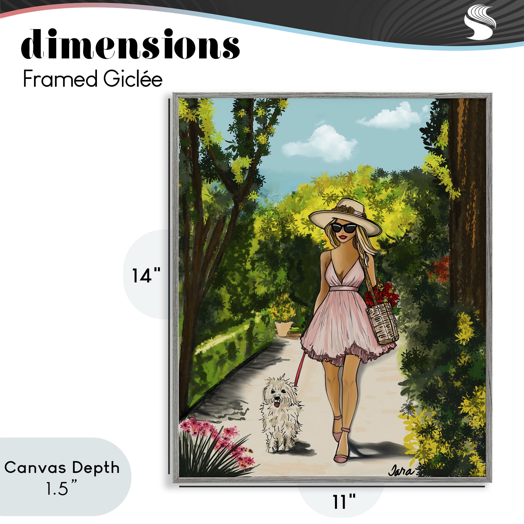 Stupell Industries Garden Girl Strolling with Pup Gray Framed Giclee Art, design by Tara Boone