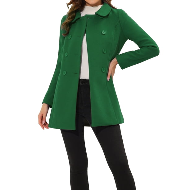 Abrigo largo de invierno de doble botonadura con cuello Peter Pan para mujer Inspire Chic en verde hierba L
