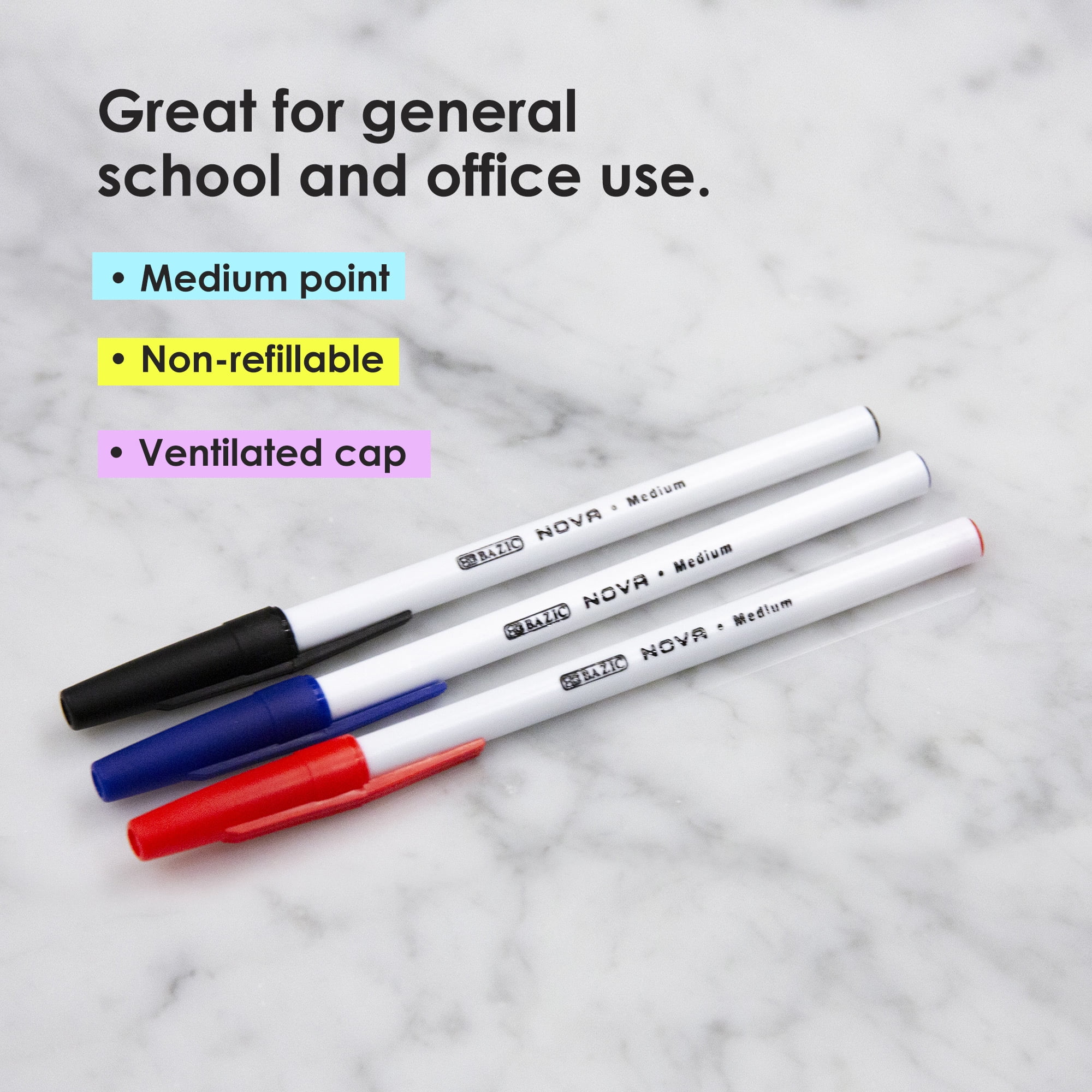 BAZIC Ballpoint Nova Assorted Color Stick Pens, 1.0mm, (12/Pack), 24-Pack
