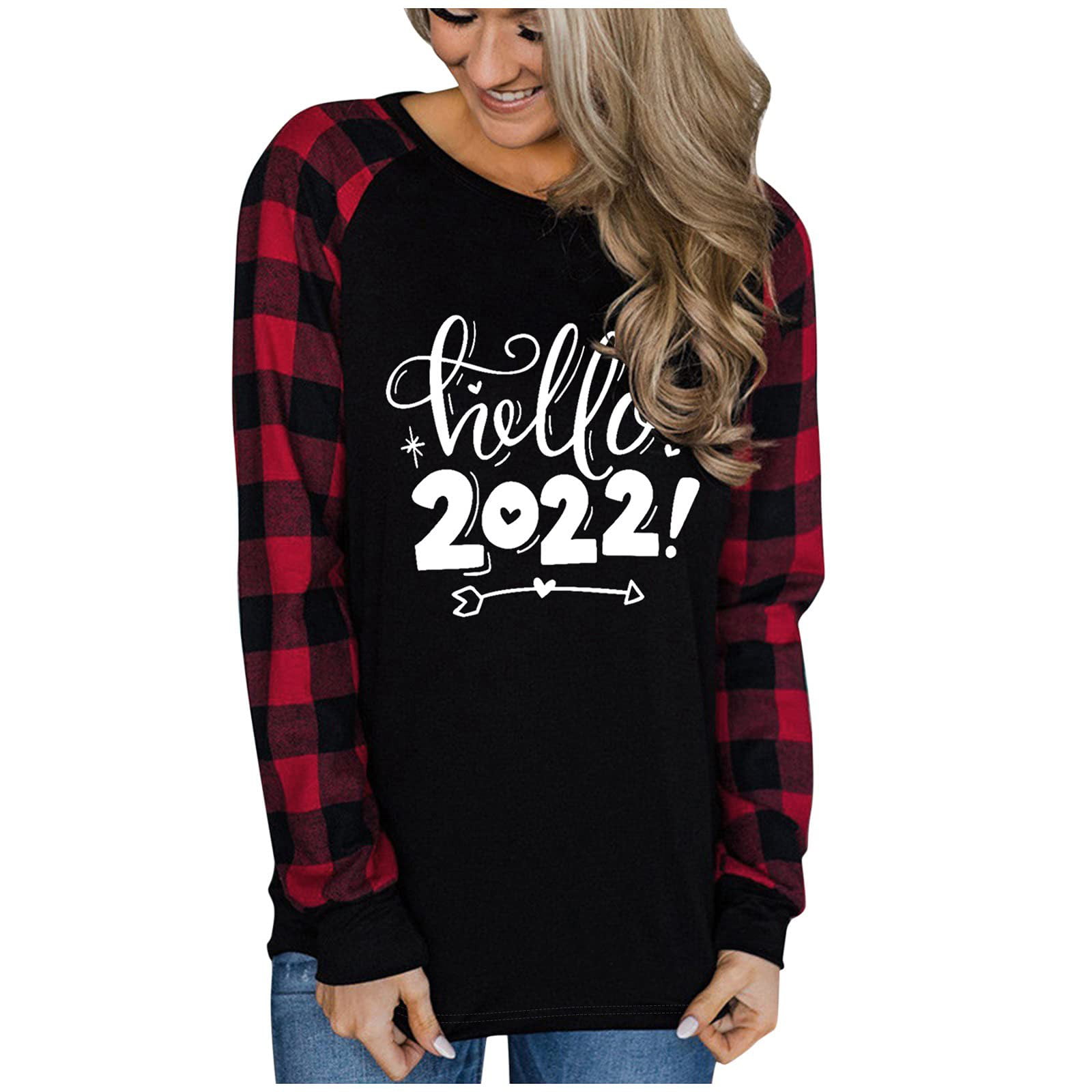 Womens Casual Long Sleeve Sweatshirt Graphic Crewneck Pullover Top Plaid Shirts Loose Fit 
