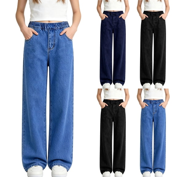 PureCasa Children's Pants for 2-14 Years Girls Solid Color Elastic Waist Straight Leg Jeans Loose Pull On Denim Pants with Pockets