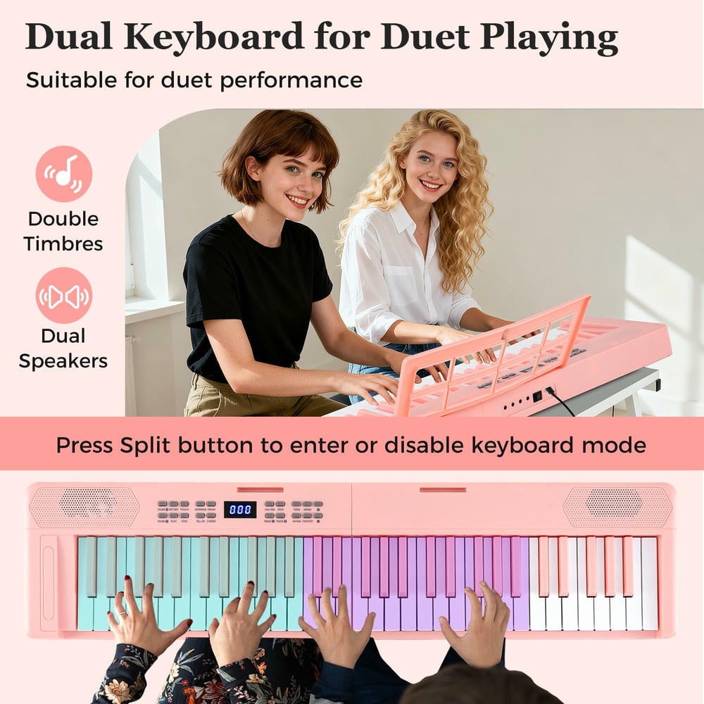 YYAo 61-Key Electronic Digital Piano Keyboard with MIDI and Split Function for Toddlers Boys Girls, Beginner, Pink
