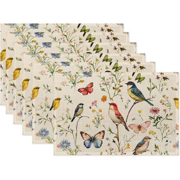 Vintage Bird Placemats Set of 6,Butterfly Flower Waterproof Heat Resistant Dining Table Plate Mat for Home Kitchen Dining Table 12x18Inch