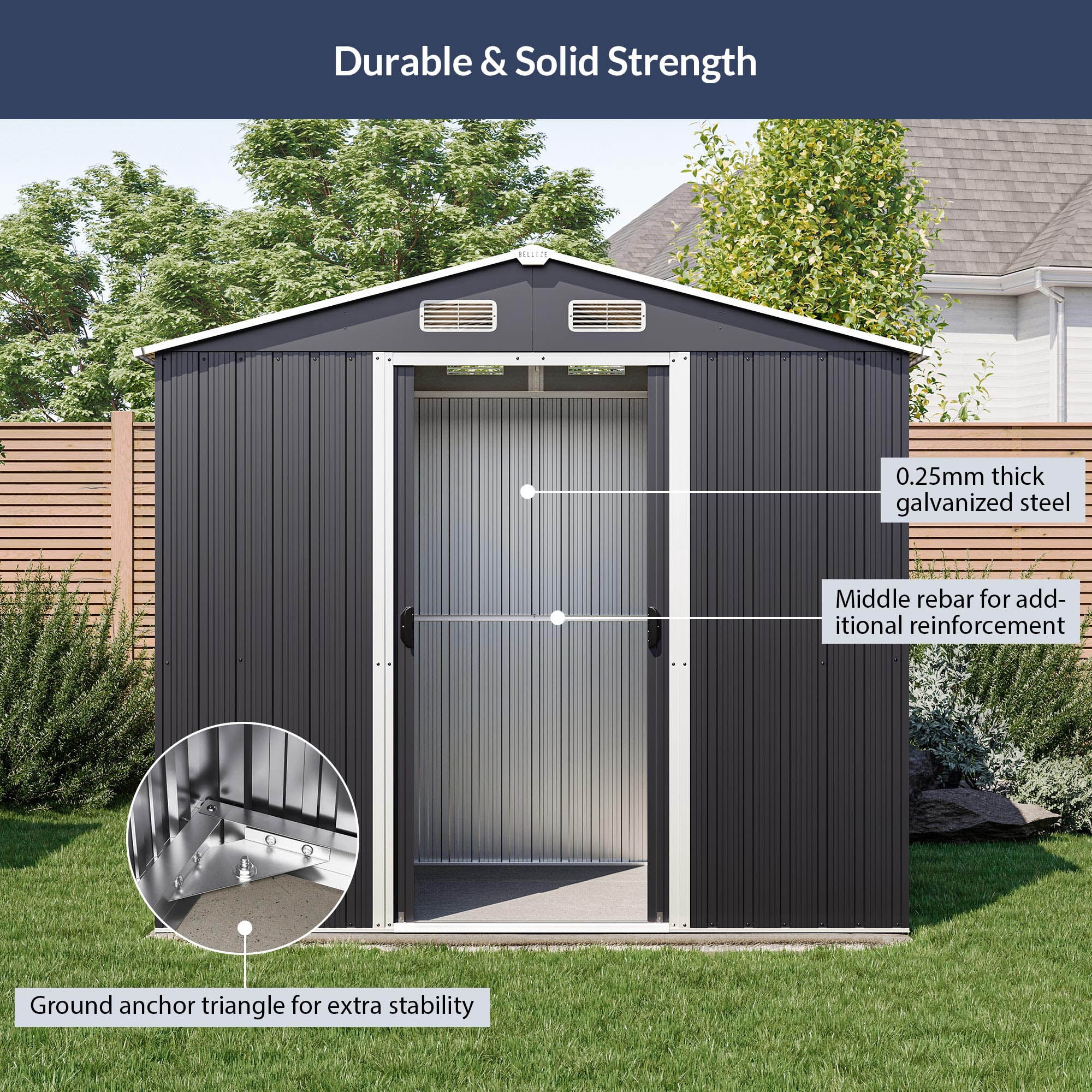 BELLEZE 8 x 6 FT Outdoor Storage Shed, Reinforced Garden Shed with Air Vent, Lockable Door, Weatherproof Metal Outside Storage Shed for Store Bike, Tools, Lawnmower, Outdoor Chairs in Backyard, Patio