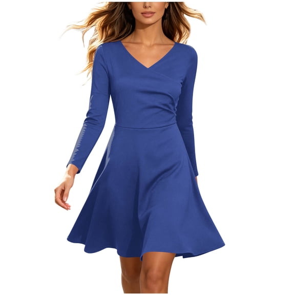 XPMWRP Women's V Neck Long Sleeve Ruched Waist Flared Mini Dress Casual Office Skater Swing Dress Blue XXXXL