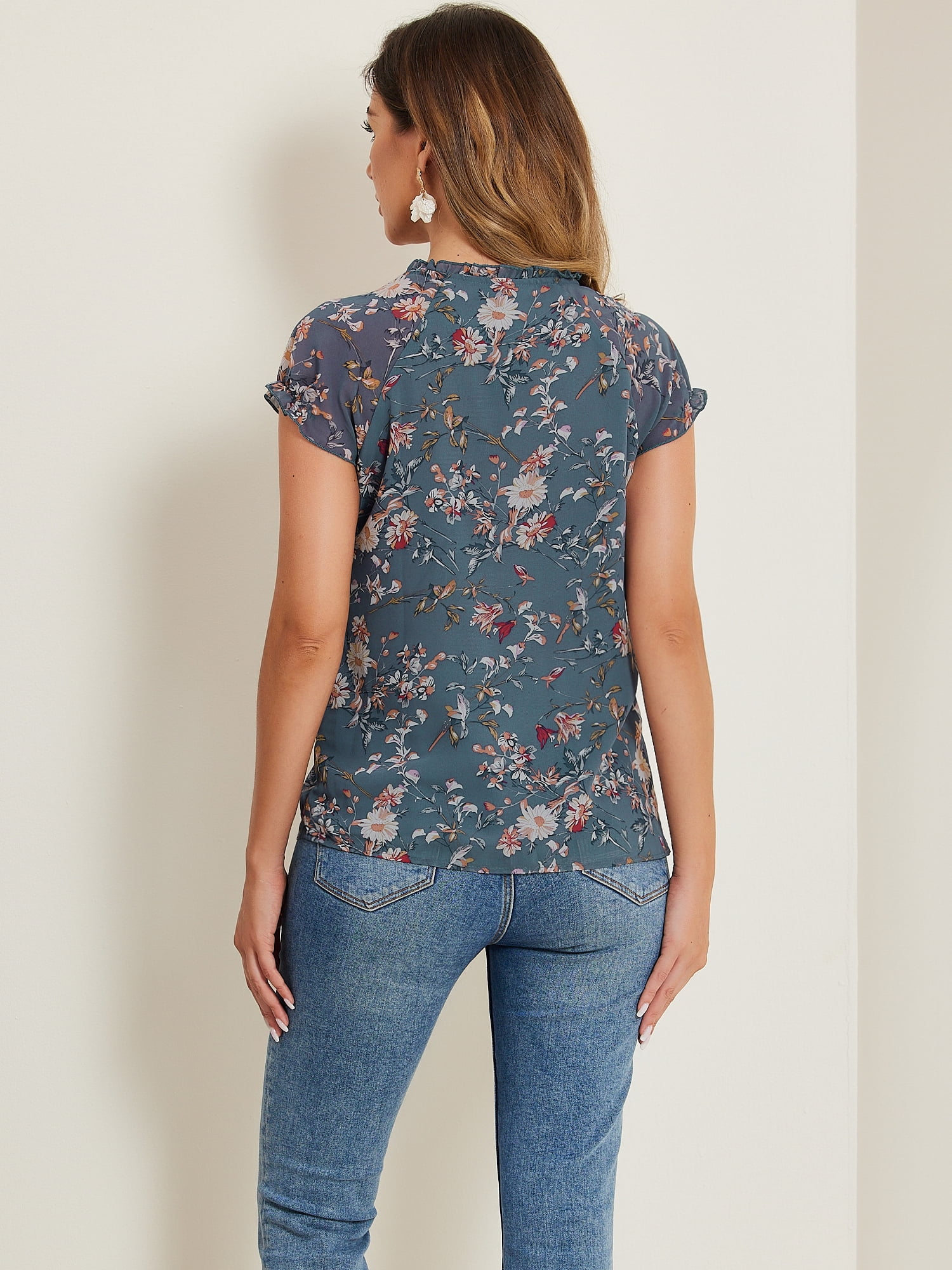 DARING DIVA Women's Ruffle V Neck Cap Sleeve Chiffon Floral Blouse Top L Grey Blue