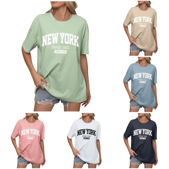 Xiaoxatg Womens T Shirts,Women's T-Shirt for Women Casual Summer English Letter Print Loose Shoulder Round Neck Short Sleeves TopGreenL