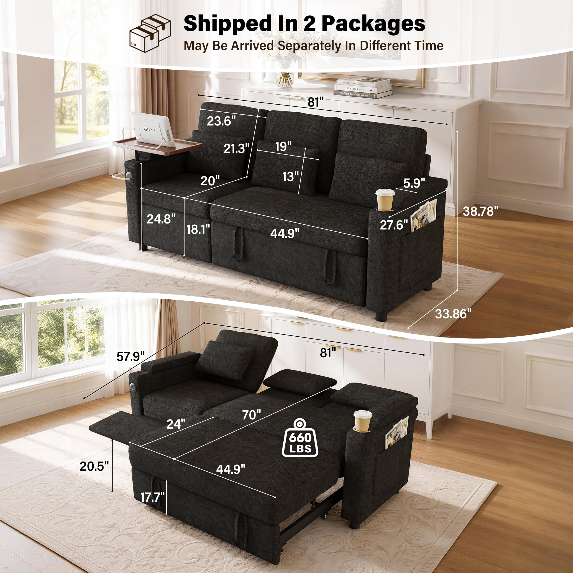 Aukfa 81" Convertible Sleeper Sofa,Chenille 3-in-1 Sofa Bed with Recliner,Center Table,USB Ports & Storage Armrests,Black