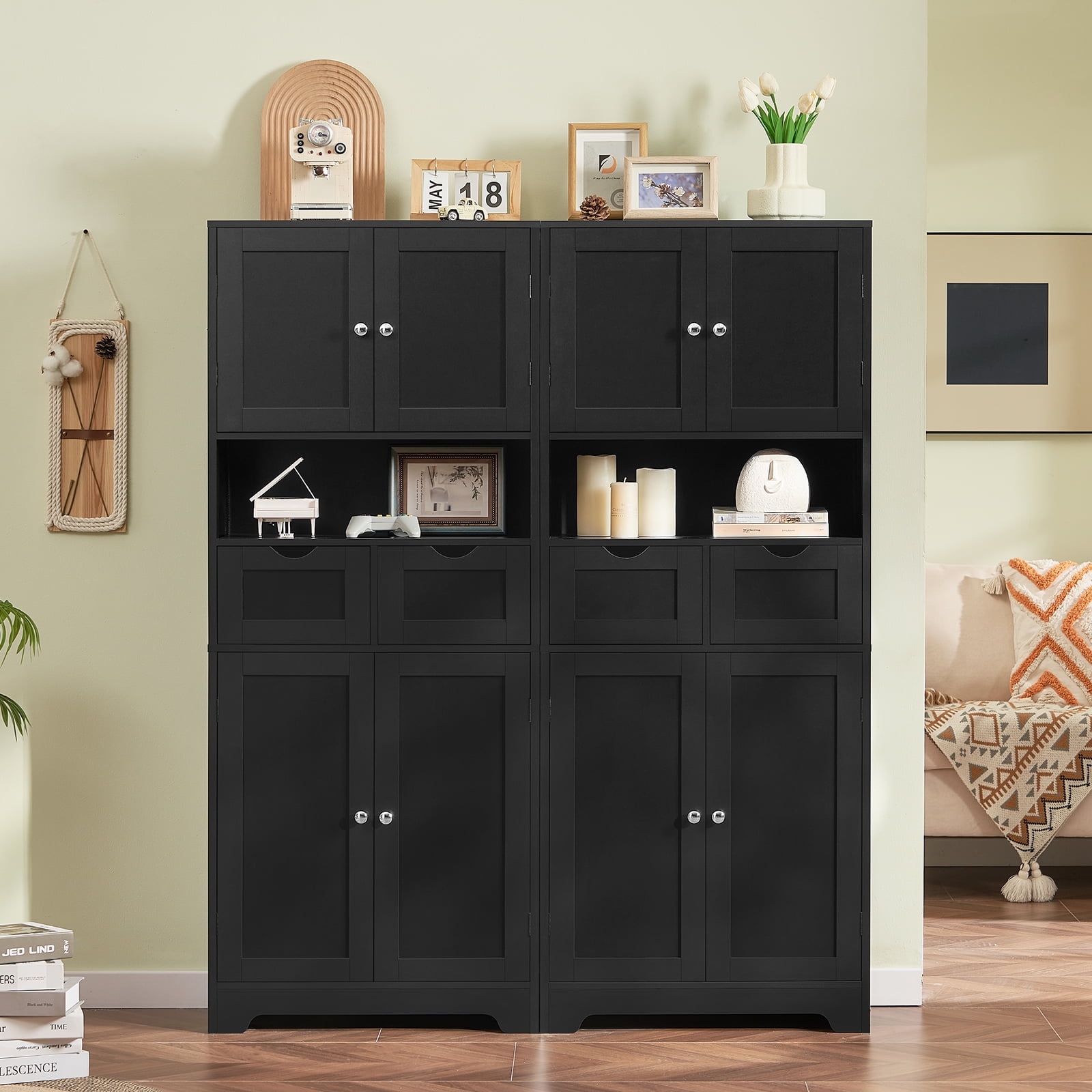 57.8" H Tall Storage Cabinet with Adjustable Shelf, Bathroom Cabinet with 2 Drawers, Linen Cabinet for Living Room, Black