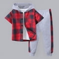 thumbnail image 2 of Godom Toddler Boy Clothes Spring Summer 2 Piece Outfit Baby Clothes for Boys Short Sleeve Plaid Color Collision Hooded Pants Sets,Red, 2 of 7