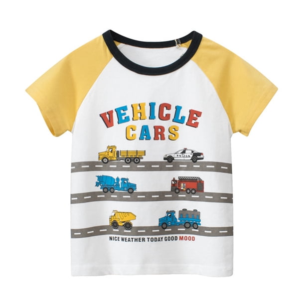 Gibobby blusas de cuello Camisetas informales con estampado de vehículos de dibujos animados de manga corta para niños pequeños y niñas de verano para ropa de niños(Amarillo, 4-5 Años)