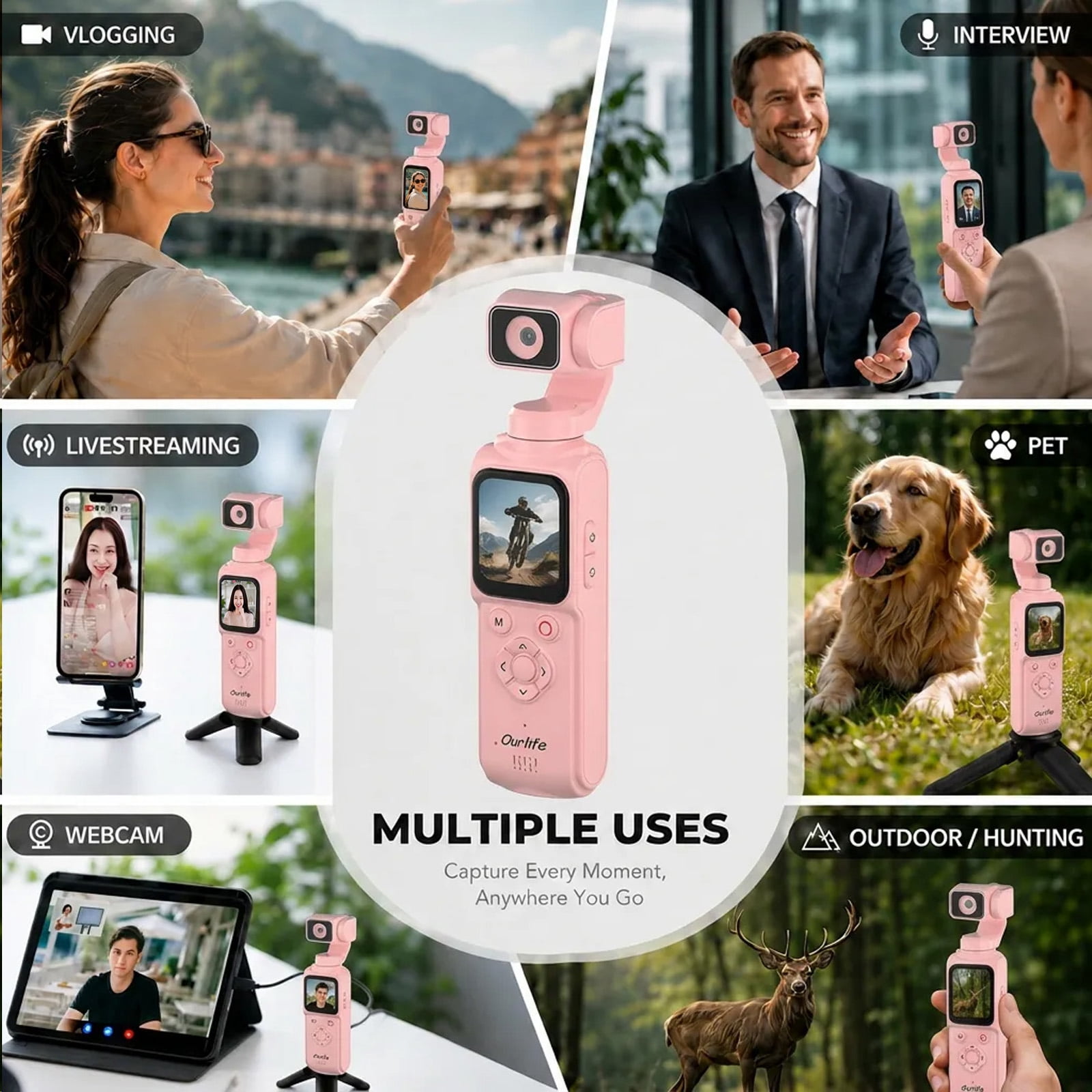 Ourlife 4K Vlogging Camera with 330° Rotation Gimbal, 1.72" Touch Screen, Face Tracking, 2400mAh Battery, 64GB Card, Pocket Digital Camera for Content Creators Pink