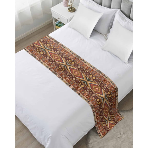 Bed Runner Scarf Queen Size, Brown Southwest Aztec Stain Bed Runners & Scarves for Foot of Beds, Farmhouse Vintage Geometric Decorative Bedding Runner Scarf for Hotel Home Bedroom