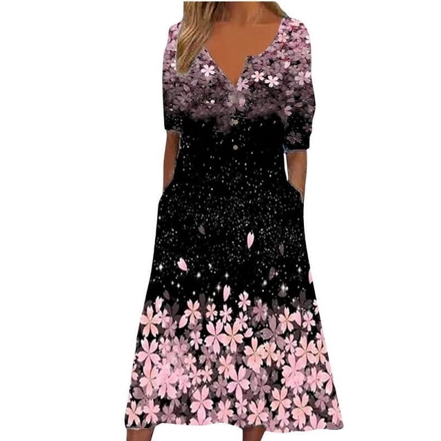 Babysbule Liquidation Robe d'Été Femme Mode Femmes Été Imprimé Décontracté Col en V Bouton Manches Courtes Vacances Poches Robe