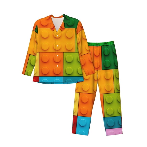 Fotbe Colorful Building Blocks Pijama de Hombre con Estampado de Manga Larga, Conjunto de 2 Piezas, Ropa de Dormir Suave y Cómoda con Bolsillos-Large