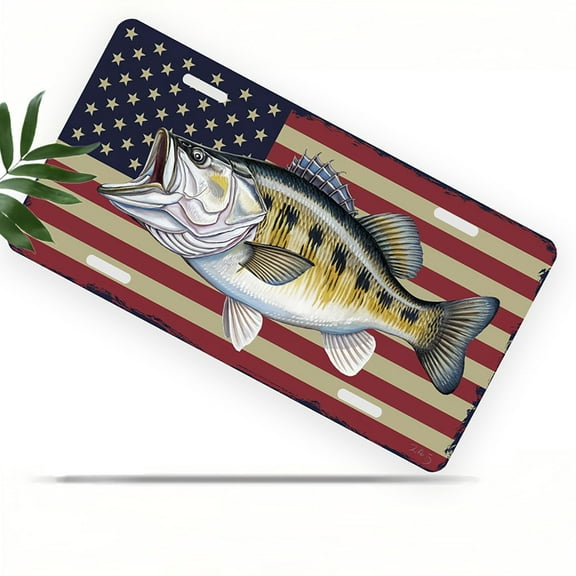 Fish on the American flag Front License Plate, Metal License Plate, Funny Standard Plates Personalized Novelty Decorative For Men/Women/Boys/Girls Car 6×12 Inch