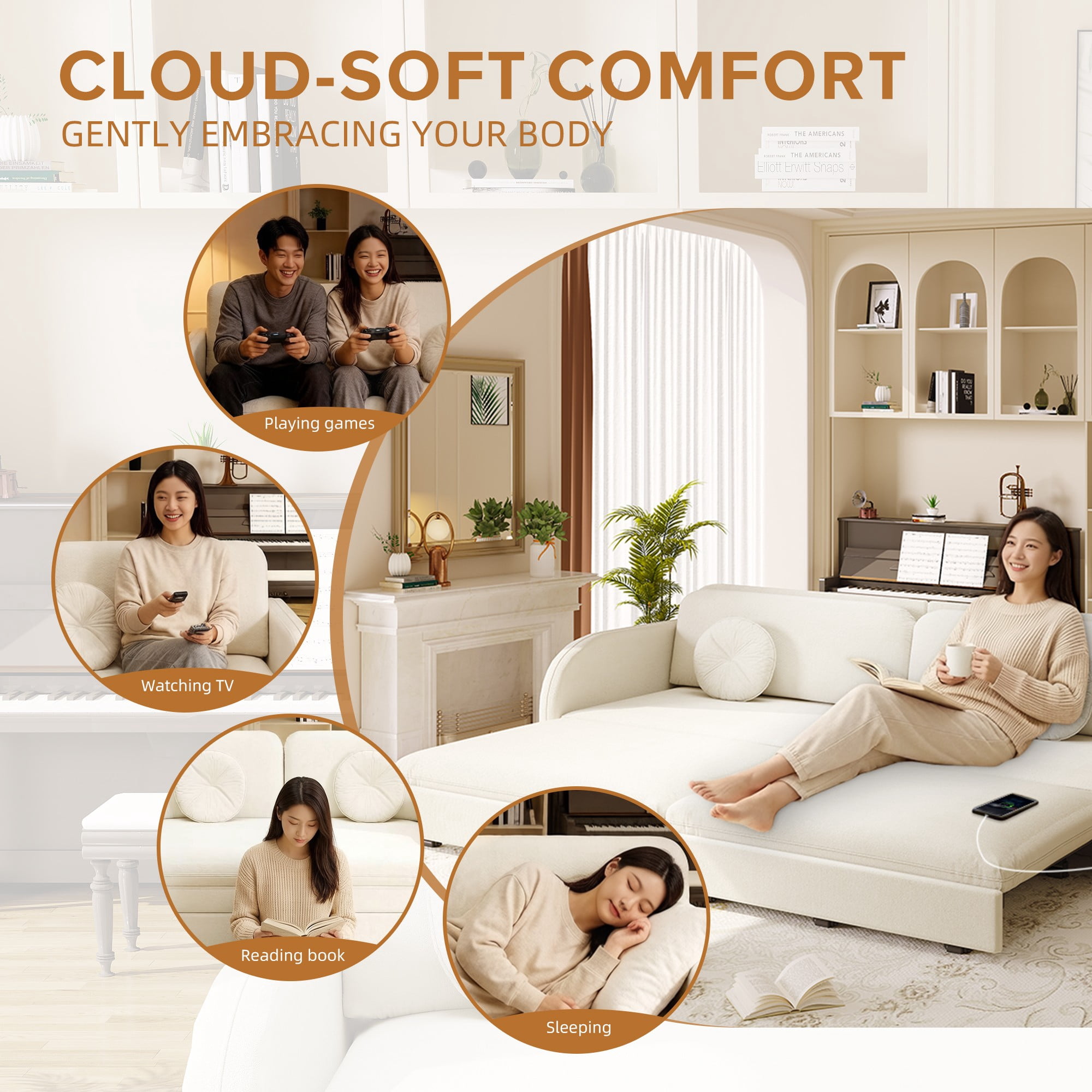 LLappuil King Size Pull Out Sofa Bed, Compact Loveseat Sofa Covertible Sofa Bed with USB Port, Side Pocket , Chenille Sofa Couch for Living Room Beige