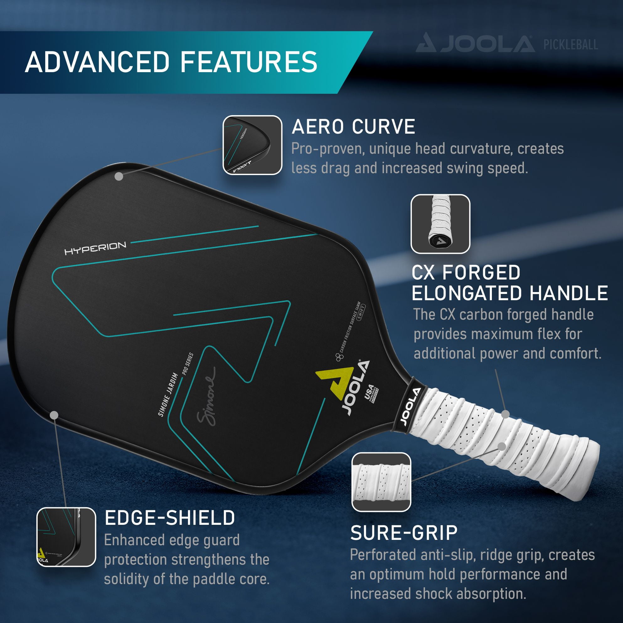 JOOLA Simone Jardim Hyperion CFS 14mm Swift Pickleball Paddle, Black