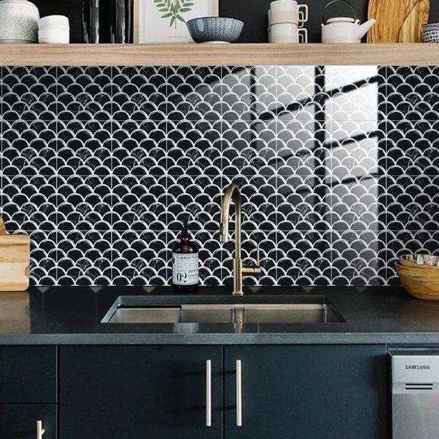 Paquete de 25 pegatinas para azulejos de cocina y baño, 15 × 15 cm, patrón de escamas de pescado blanco y negro XianweiShao 8390613953599