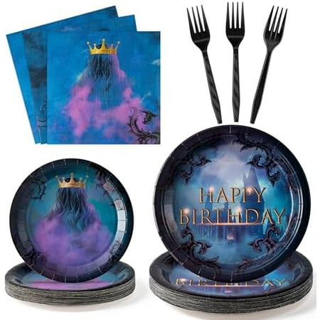 GaofanWai 96PCS Princess Birthday Party Tablewares for Girls, Purple Fairytale Theme Tablewares Included Paper Plate Plastic Fork , Magical Party Supplies Baby Shower Dinnerware, 24 Guest