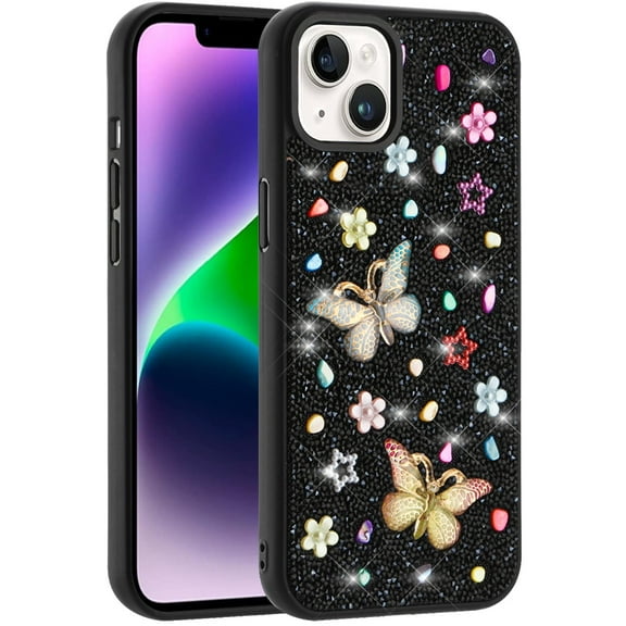 For iPhone 14/13 Butterfly Ornaments Diamond Bling Glitter Hybrid Case - Black
