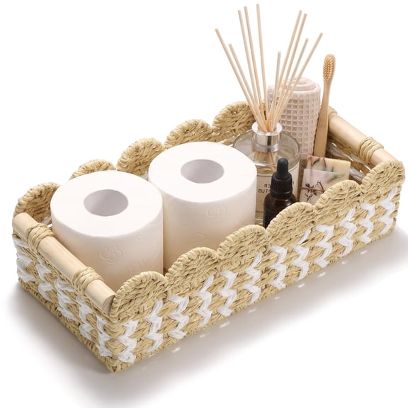 DELAMU Toilet Paper Storage Basket with Wooden Handles, Scalloped Paper Rope Woven Bathroom Organizer,Decorative Storage Bins for Countertop Toilet Tank Top, Large(1pack)