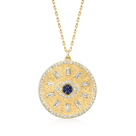 Ross-Simons 1.60 ct. t.w. CZ Evil Eye Medallion Pendant Necklace With Simulated Sapphires in 18kt Gold Over Sterling, Women's, Adult