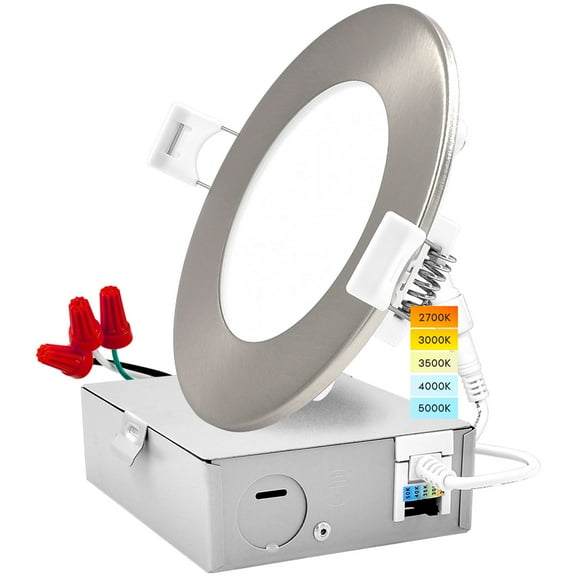 Luxrite 4 inch Ultra Thin LED Recessed Light with J-Box 10W 5 Color Options Dimmable 750 Lumens Brushed Nickel IC Rated