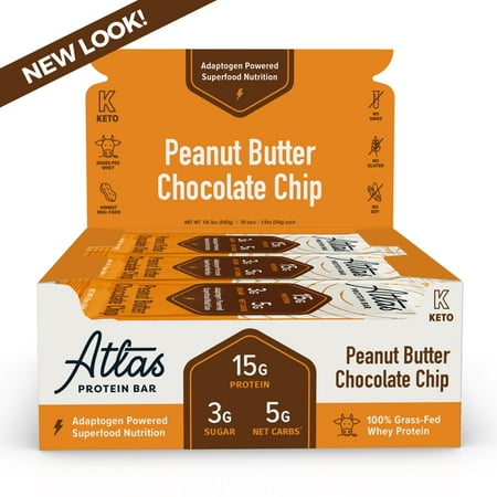 Atlas Bar, Keto Friendly & Grass Fed Whey Protein Bar, Peanut Butter Chocolate Chip, 16g Protein, 10 Bars