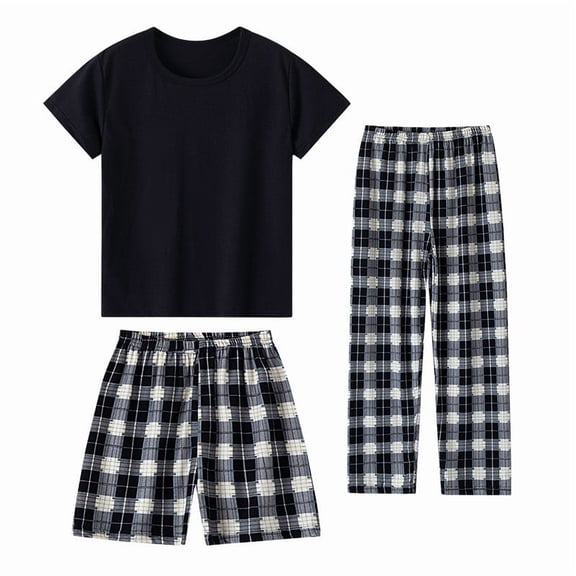 FYDUU Children's Clothing Sets Girls Boys Summer Pajamas Loungewear Short Sleeve Tee Shirts Shorts And Pants Three Piece Outfit For Kids Home Wear,3-4 Years