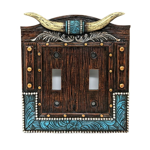BestGiftEver Double Toggle Switch Cover – Faux Horns & Tooled Leather Rustic Western Decor