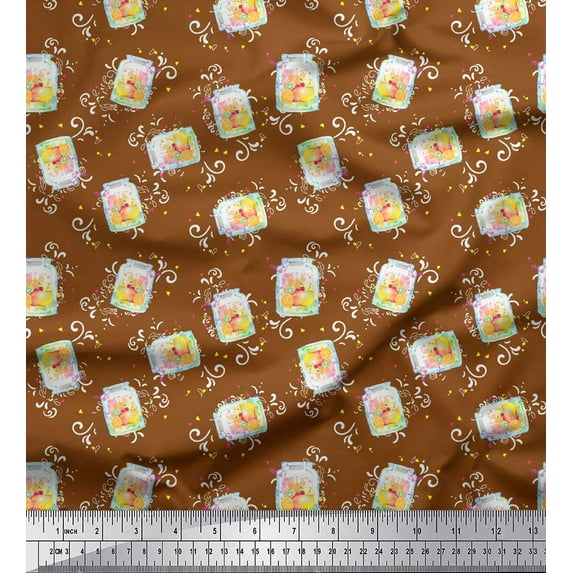 Soimoi Brown Rayon Fabric Swirl & Fruit Jar Kitchen Printed Fabric 1 Yard 56 Inch Wide