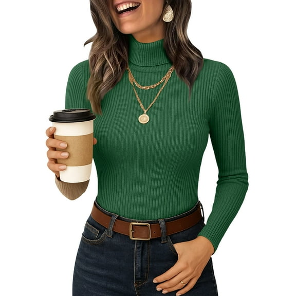 Women's Mock Turtleneck Long Sleeve Shirts Ribbed Knit Lightweight Pullover Sweater Stretch Fitted Thermal Top Dark Green S