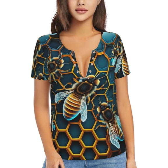 Women T Shirts Short Sleeve Summer Deep V Neck Tops, Honeycomb Bee Starry Bee Honey