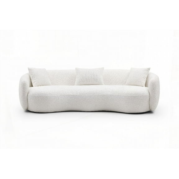 Boucle Fabric Bedroom Office Sofa - Mid Century Modern Curved 4-Seat Couch in Off-white