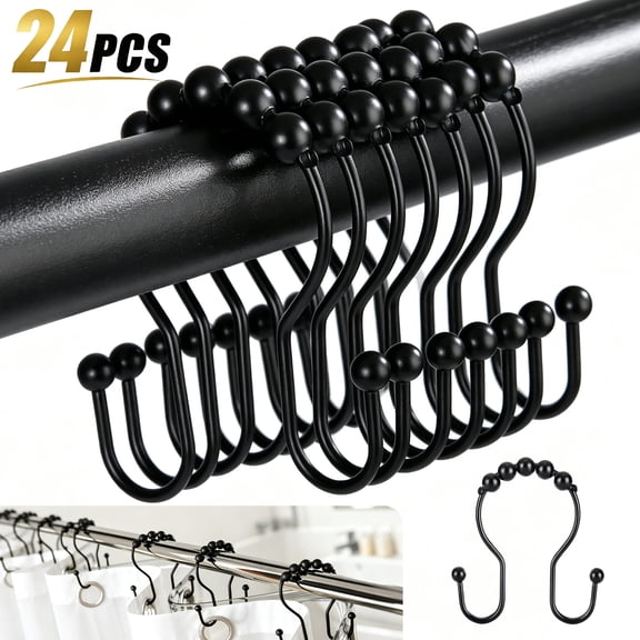 Godance 24 PCS Double‑Sided Shower Curtain Hooks, Matte Black Stainless Steel Shower Curtain Rings, Rust‑Proof Easy Glide Roller Balls for Shower Curtain & Liner
