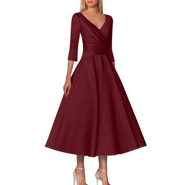 WTXUE Robes pour Femmes 2024, Invité de Mariage Rétro Élégant Ligne A Col en V Longueur Thé Satin Manches Mi-Longues avec Plis, Robes Rouges pour Femmes, Rouge Foncé 2TG