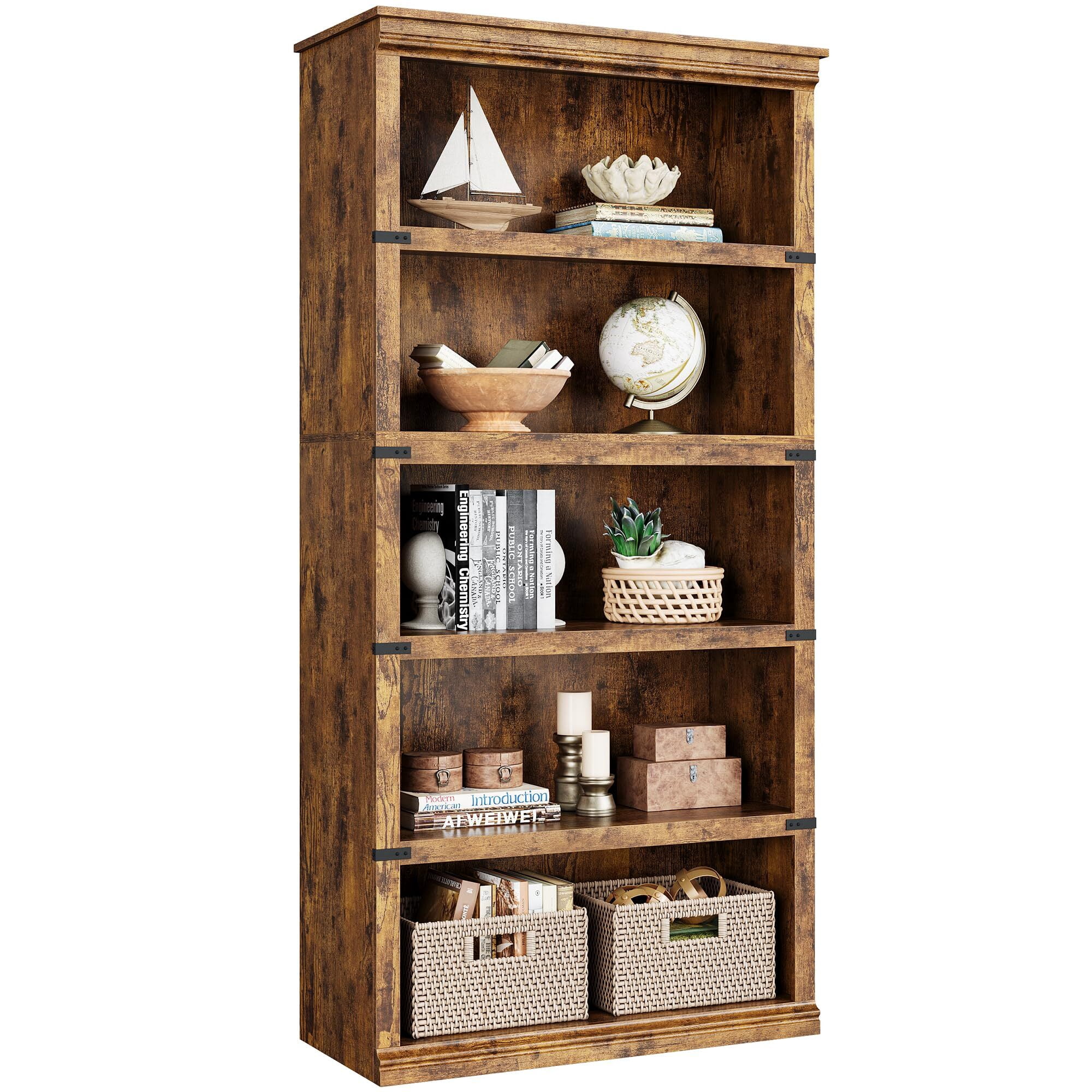 5 Tier Bookcase, Farmhouse Book Shelf with Storage, 71" Tall Book Case Wooden 5 Shelf Bookcase for Home Office, Living Room, Bed Room (Vintage, 67.4" H x 31.5" W x 12.8" D)