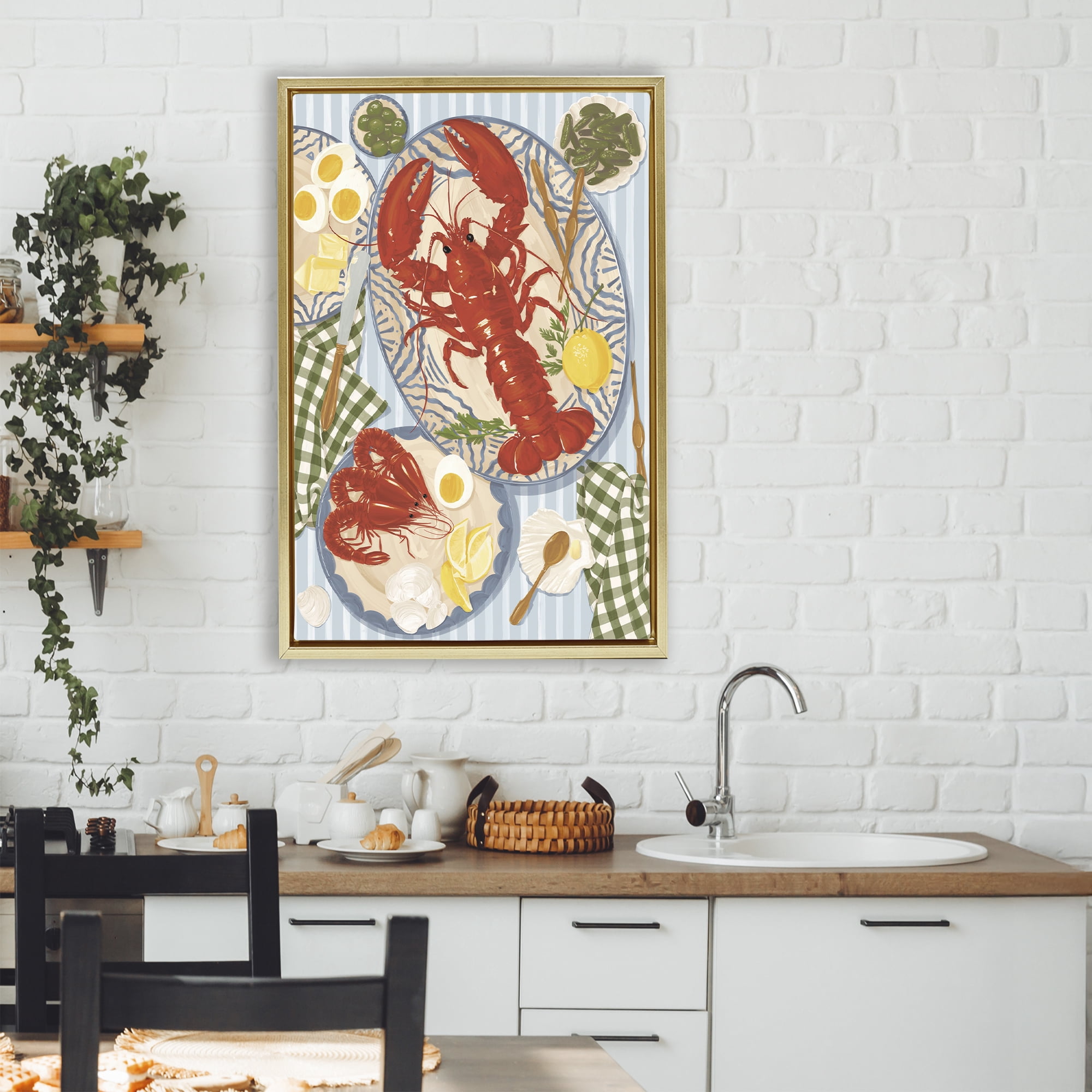 Stupell Industries Lobster For Lunch Platter Gold Framed Floater Canvas Wall Art, design by Vero Illustrates